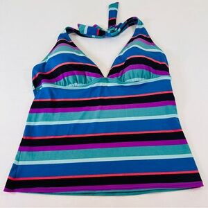 Lands' End Blue and Teal Halter Tankini Swimsuit Top Adjustable Size Large Beach